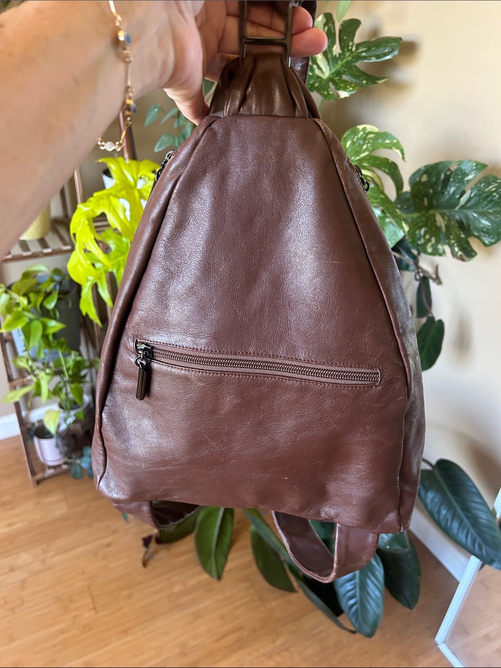 Women's Brown Leather Sling Backpack - Casual Everyday Carry